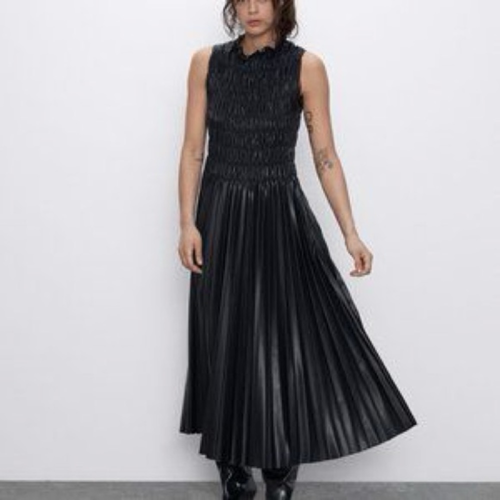 Zara Black Faux Leather Dress with Pleats